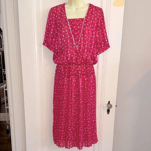 Vintage 80s Stuart Alan Bright Pink Short Sleeve Dress with White Polka Dots - Picture 1 of 10